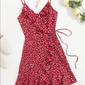 SHEIN Allover Heart Print Ruffle Detail Wrap Belted Slip Dress